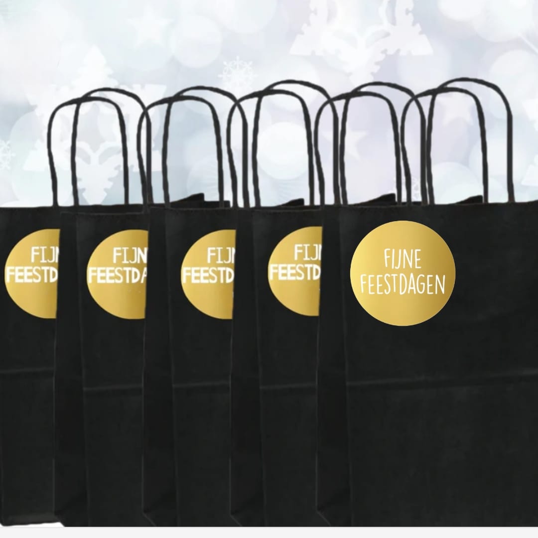 HGN papieren tasjes 10 stuks en 10 goudkleurige stickers met tekst "Fijne Feestdagen"-18x8x22 cm-Ideaal voor de kerst