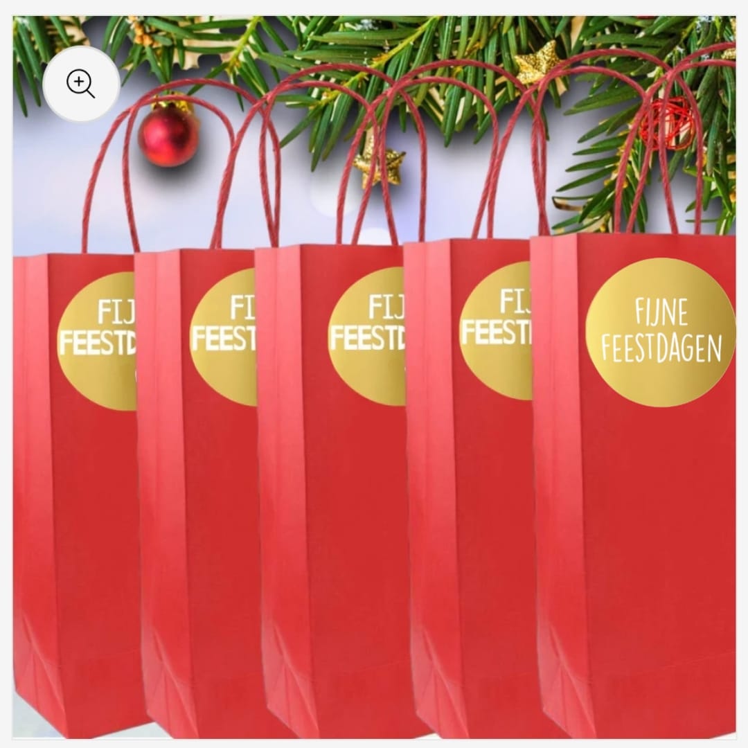 HGN papieren tasjes 25 stuks en 25 goudkleurige stickers met tekst "Fijne Feestdagen"-18x8x22cm-Ideaal voor de kerst