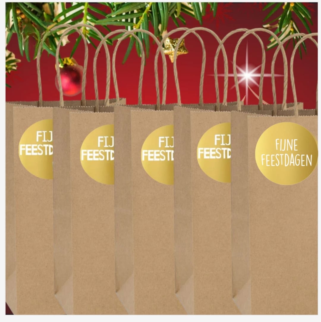 HGN papieren tasjes 10 stuks en 10 goudkleurige stickers met tekst "Fijne Feestdagen"-18x8x22 cm-Ideaal voor de kerst