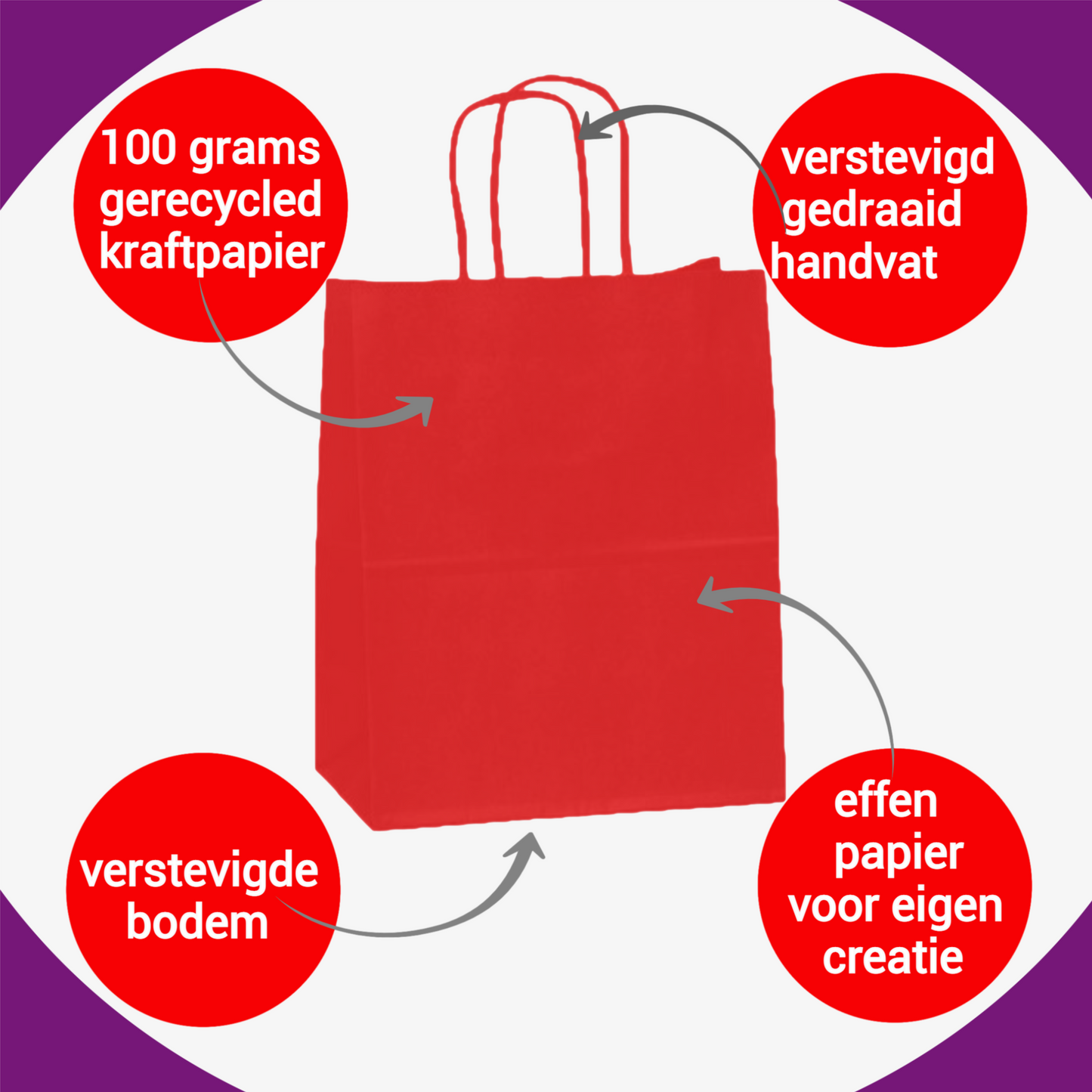 HGN Papieren Tasjes -Cadeautasjes-Cadeauzakjes-100 Stuks-rood-Incl 100 Stickers-18+8x22 cm