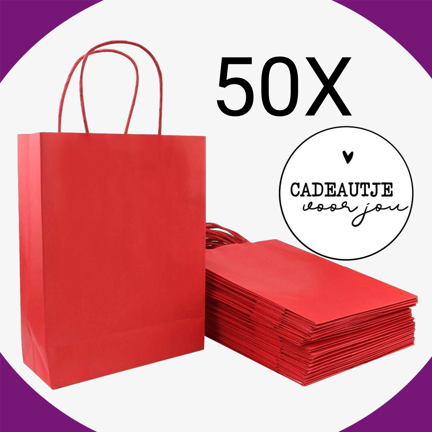 HGN papieren tasjes 50 stuks en 50 witte stickers met tekst -18x8x22 cm