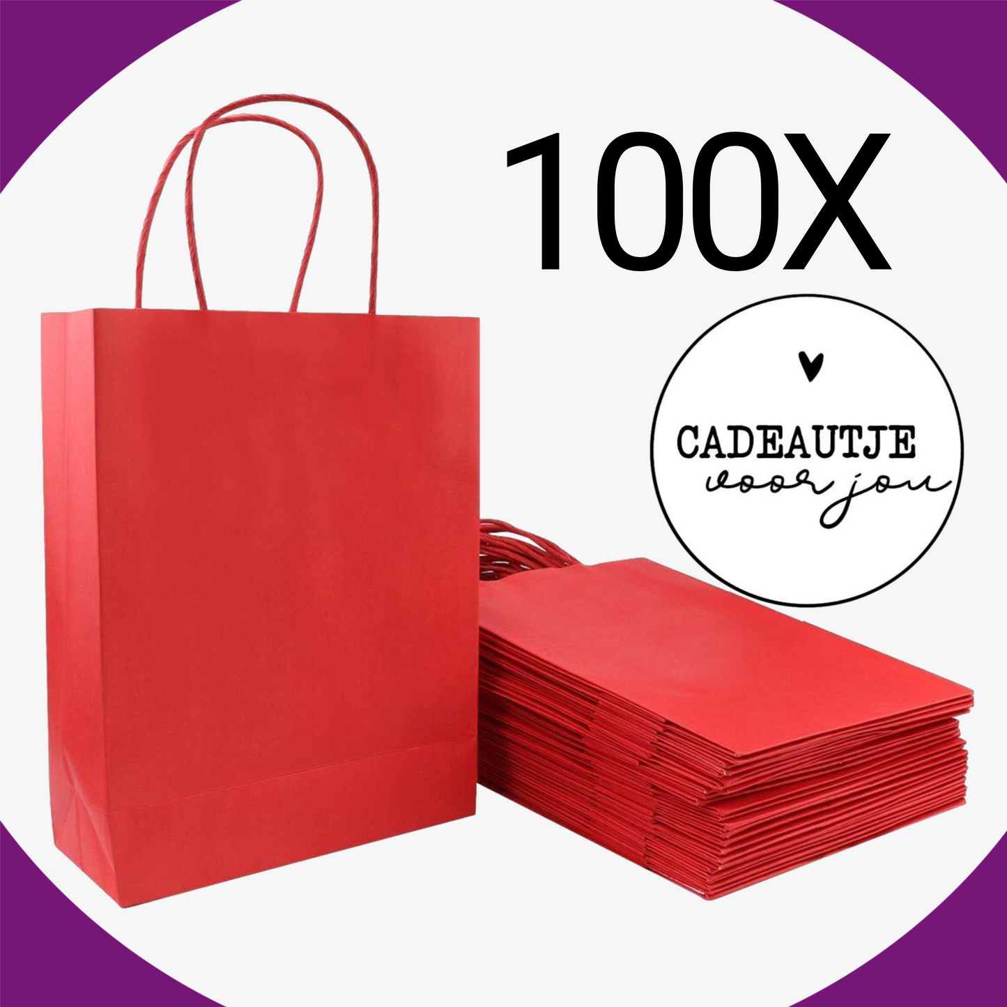 HGN Papieren Tasjes -Cadeautasjes-Cadeauzakjes-100 Stuks-Rood-Incl 100 Stickers-18+8x22 cm