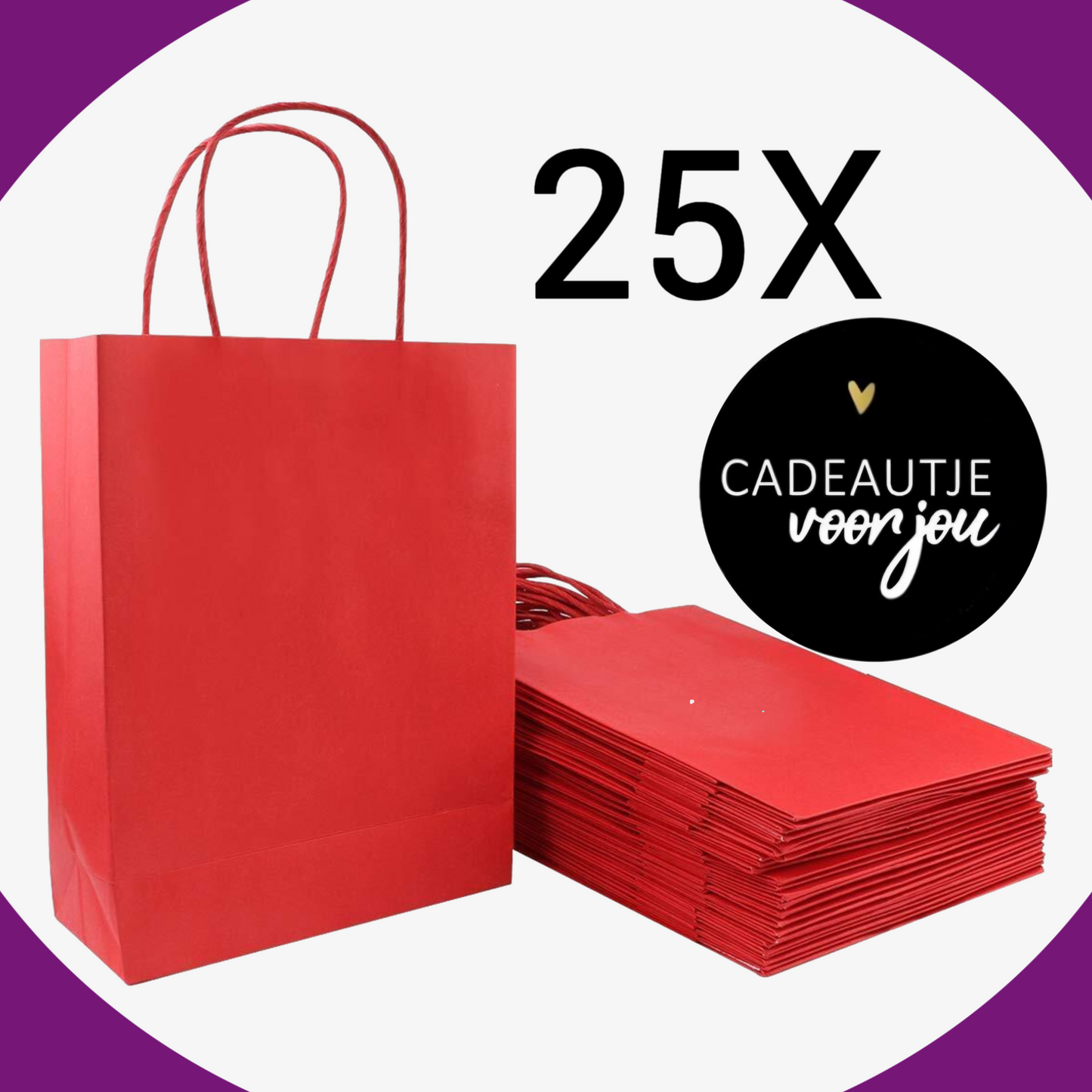 HGN papieren tasjes 25 stuks en 25 zwarte stickers met tekst -18x8x22 cm