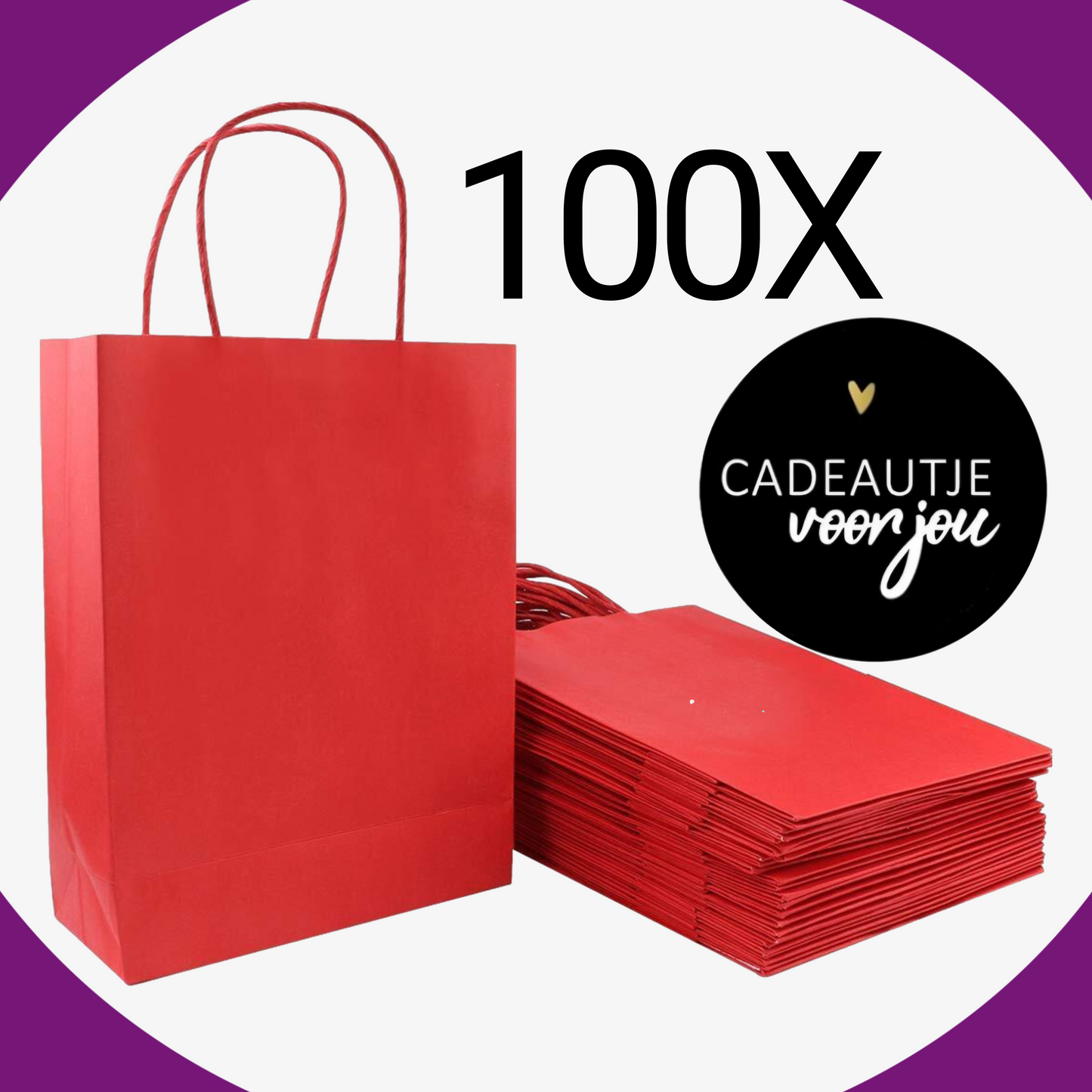 HGN Papieren Tasjes -Cadeautasjes-Cadeauzakjes-100 Stuks-rood-Incl 100 Stickers-18+8x22 cm