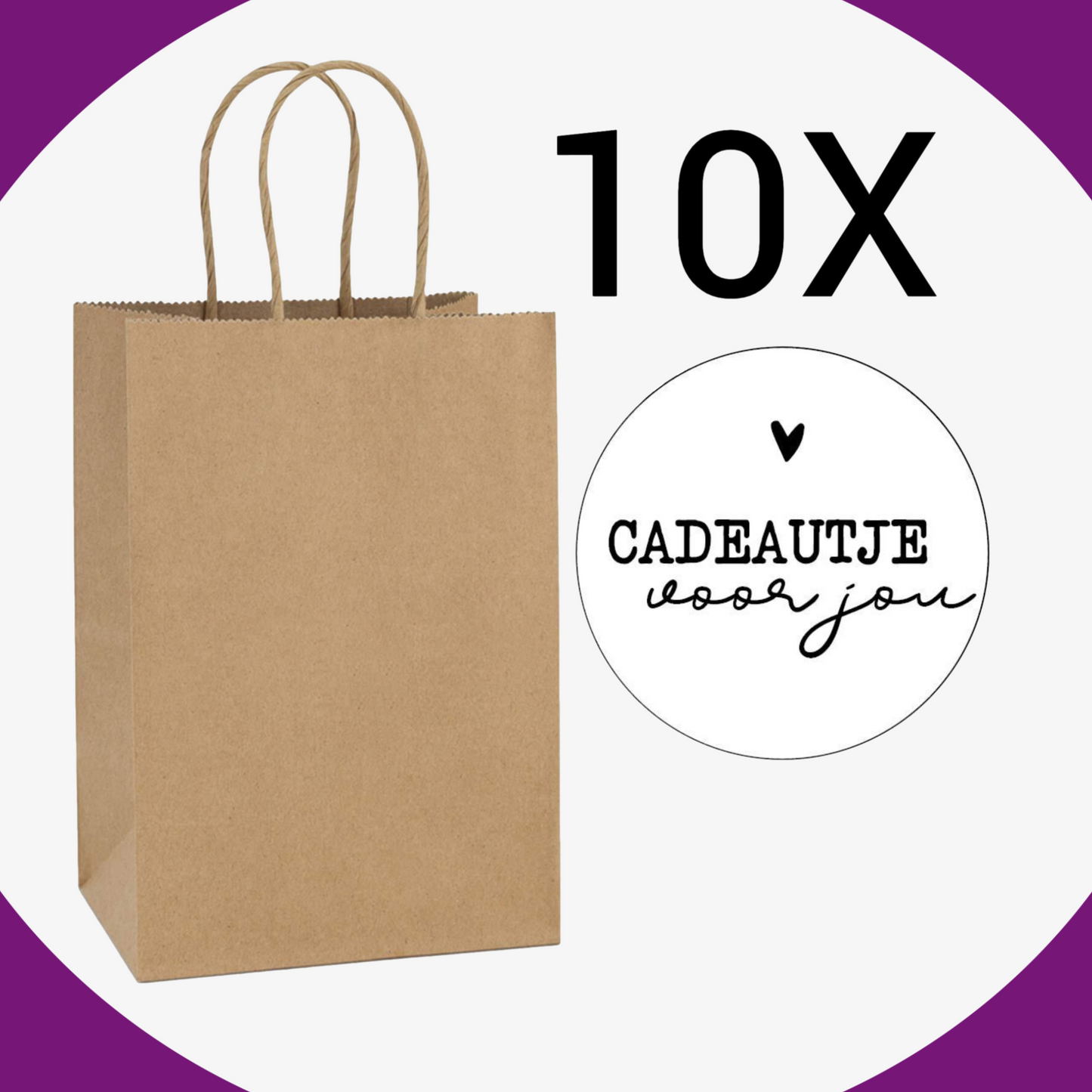HGN papieren tasjes 10 stuks en 10 witte stickers met tekst-18x8x22 cm