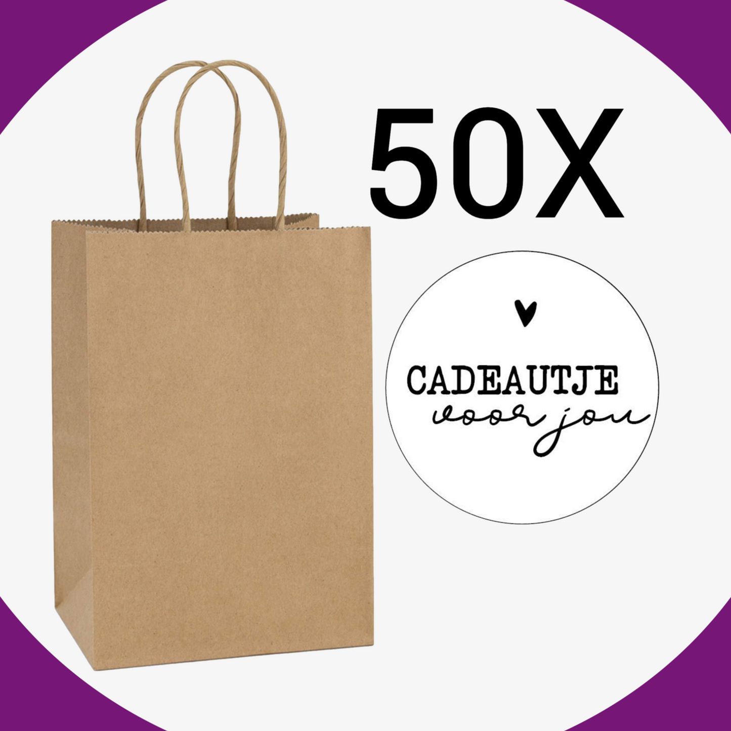 HGN papieren tasjes 50 stuks en 50 witte stickers met tekst -18x8x22 cm