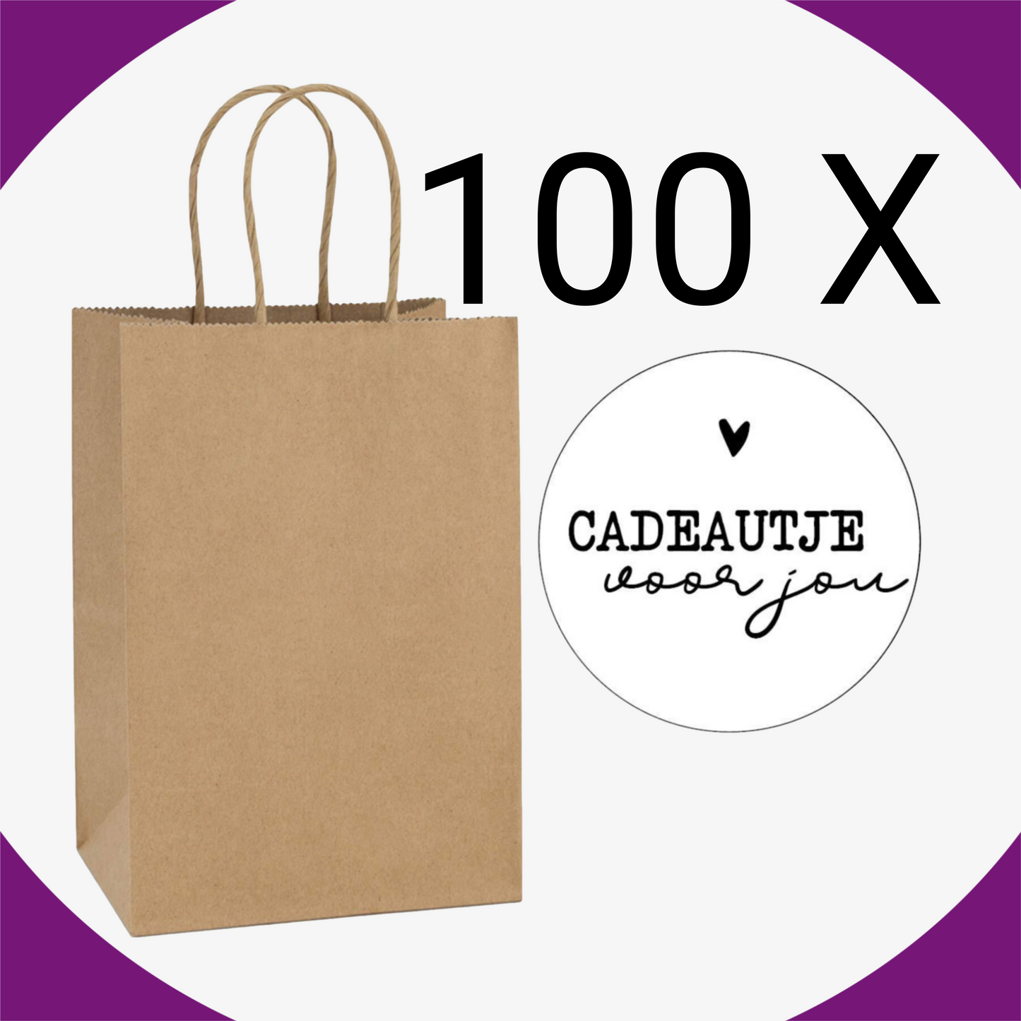 HGN Papieren Tasjes -Cadeautasjes-Cadeauzakjes-100 Stuks-Bruin-Incl 100 Stickers-18+8x22 cm