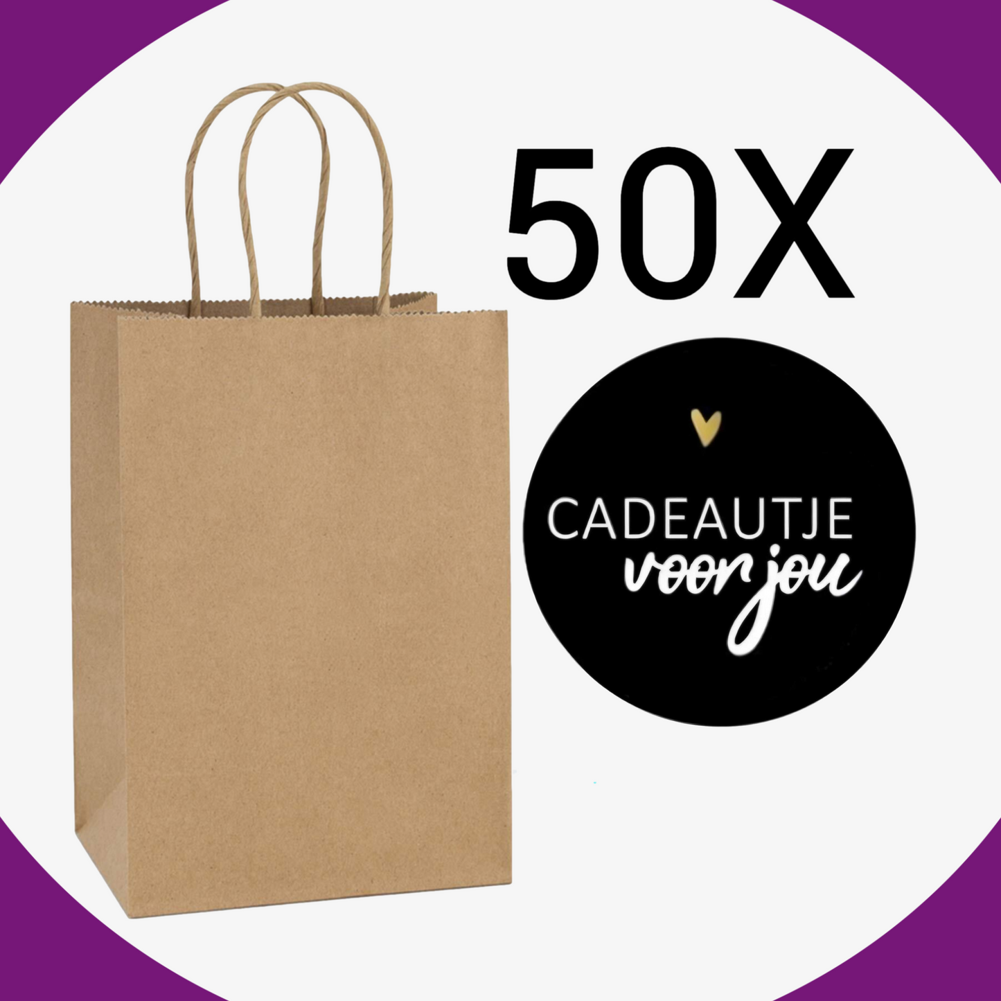 HGN papieren tasjes 50 stuks en 50 zwarte stickers met tekst -18x8x22 cm