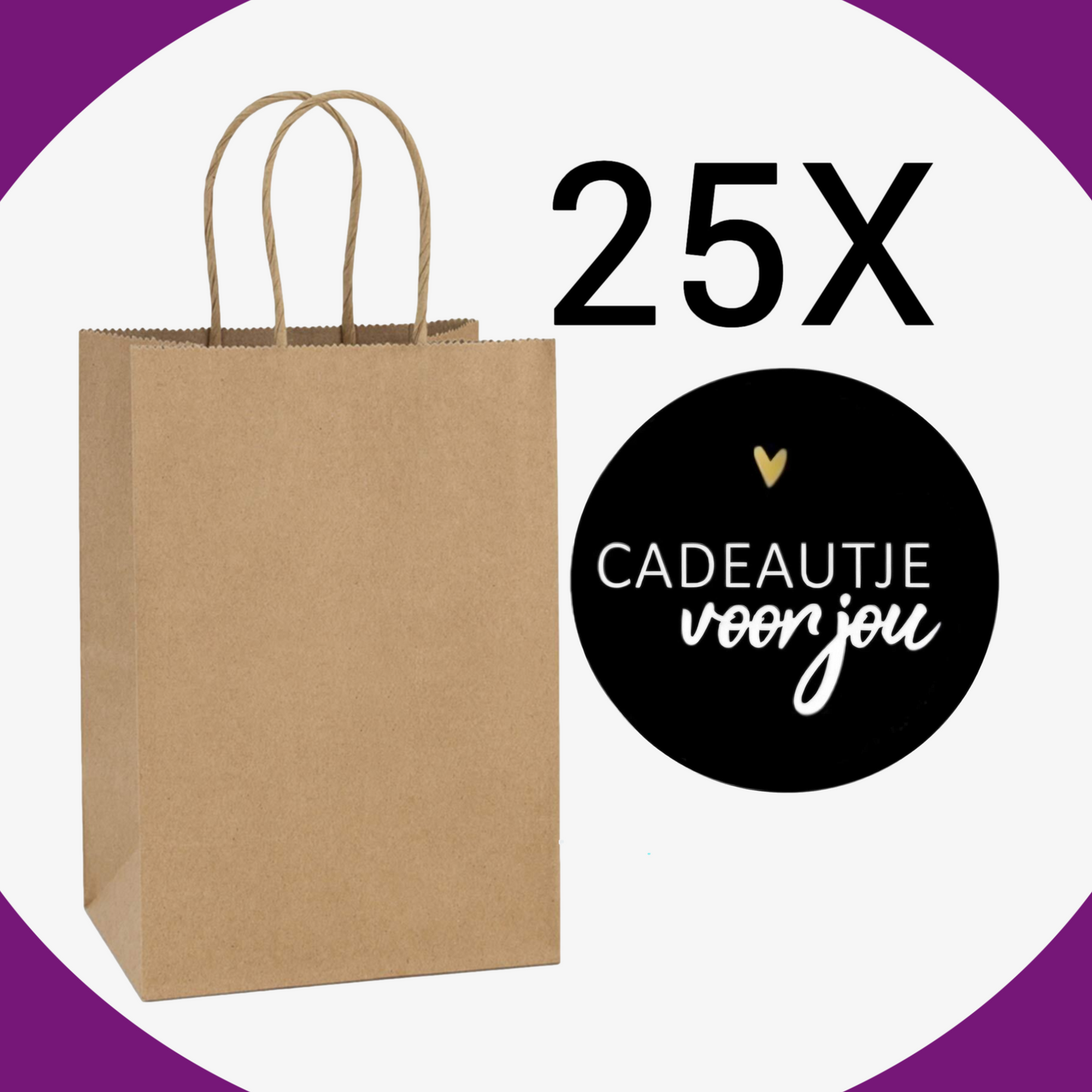 HGN papieren tasjes 25 stuks en 25 zwarte stickers met tekst -18x8x22 cm