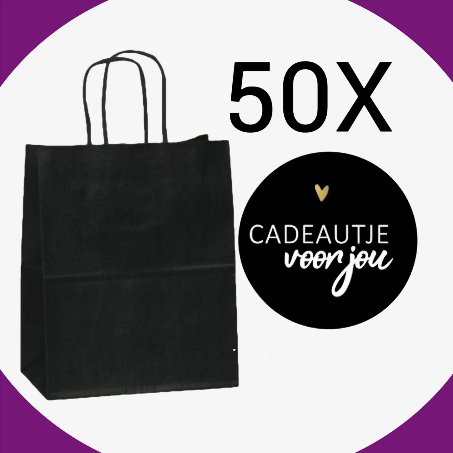 HGN papieren tasjes 50 stuks en 50 zwarte stickers met tekst -18x8x22 cm