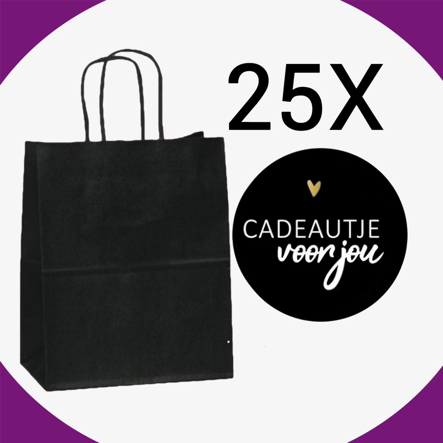 HGN papieren tasjes 25 stuks en 25 zwarte stickers met tekst -18x8x22 cm