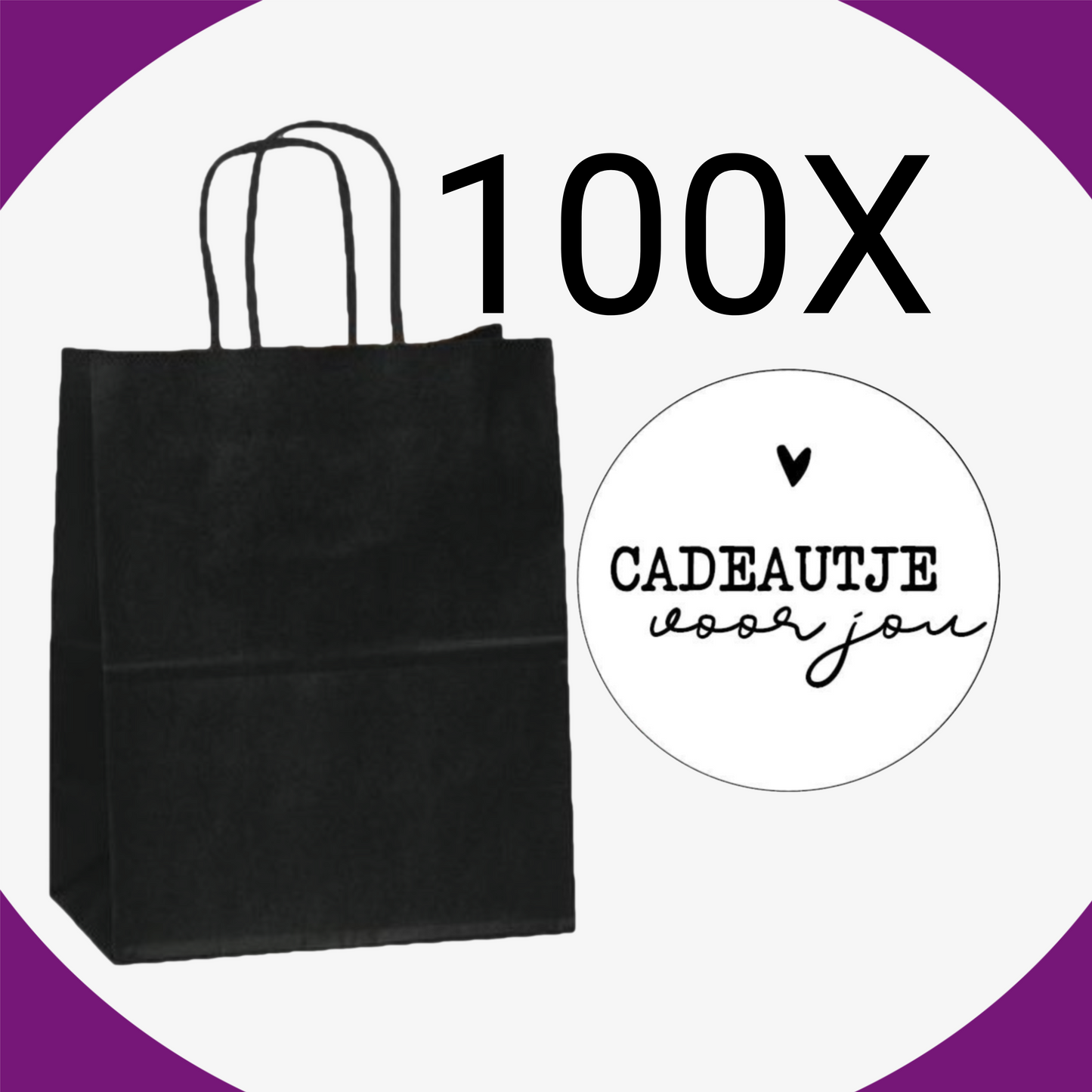HGN Papieren Tasjes -Cadeautasjes-Cadeauzakjes-100 Stuks-zwart-Incl 100 Stickers-18+8x22 cm
