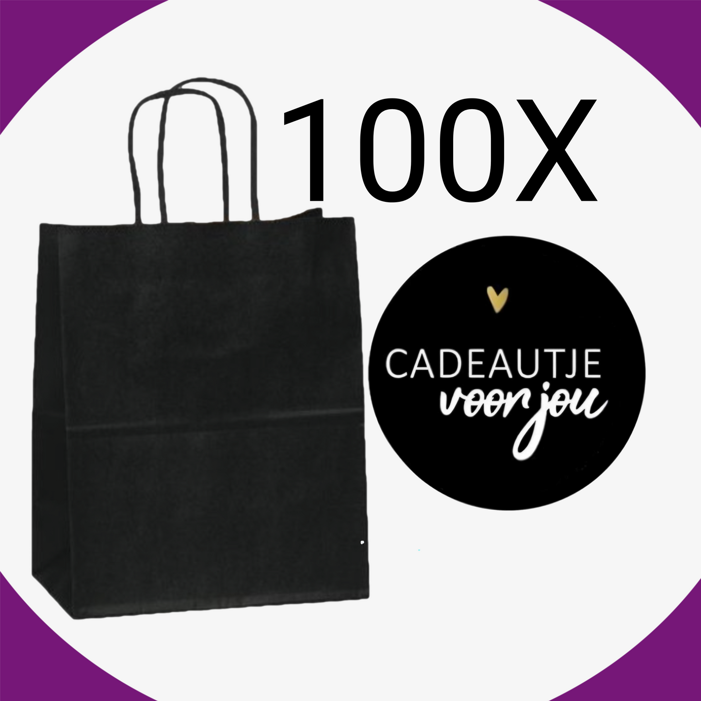 HGN Papieren Tasjes -Cadeautasjes-Cadeauzakjes-100 Stuks-Zwart-Incl 100 Stickers-18+8x22 cm