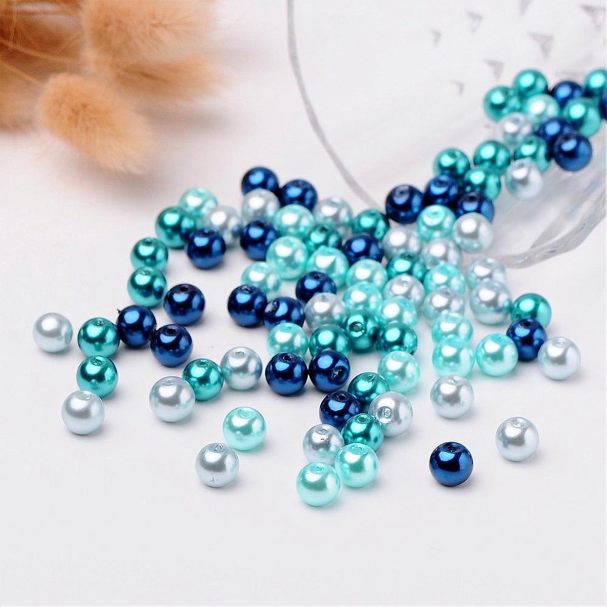 Kralen-Sieraden Maken- 100 Glaskralen-8mm - Kerstkralen - Glasparels - Blauwe kleuren