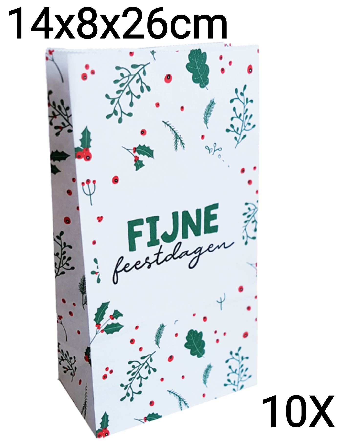 HGN papieren tasjes/ zakjes 10 stuks-14x8x26cm-met tekst "Fijne Feestdagen"-Ideaal voor de kerst