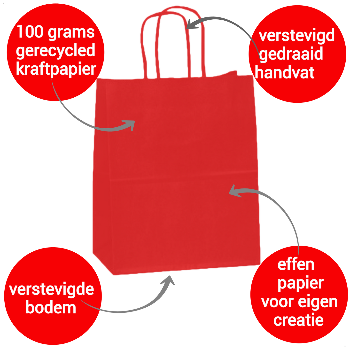 HGN Papieren Tasjes -Cadeautasjes-Cadeauzakjes-100 Stuks-rood-Incl 100 Stickers-18+8x22 cm