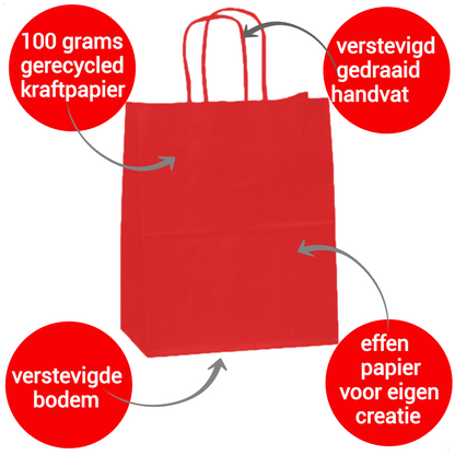 HGN Papieren Tasjes -Cadeautasjes-Cadeauzakjes-100 Stuks-Rood-Incl 100 Stickers-Fijne Feestdagen-18+8x22 cm