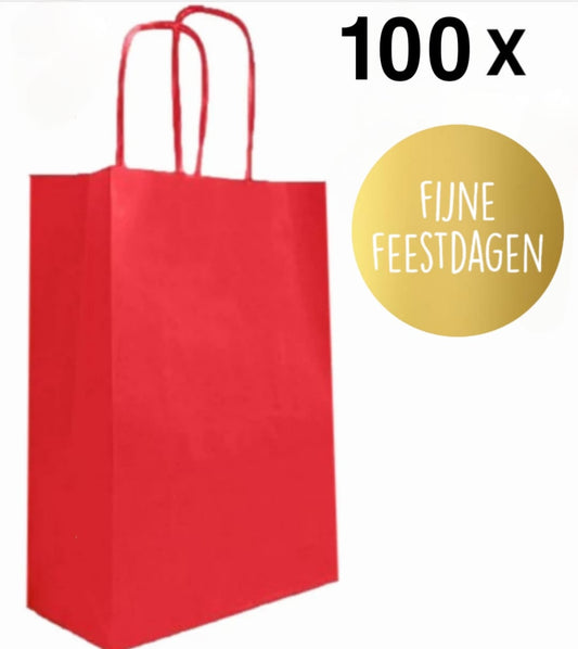 HGN Papieren Tasjes -Cadeautasjes-Cadeauzakjes-100 Stuks-Rood-Incl 100 Stickers-Fijne Feestdagen-18+8x22 cm