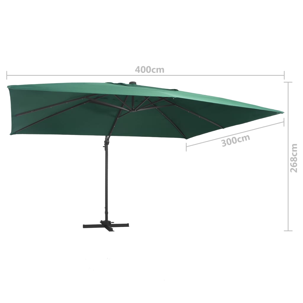 Zweefparasol met LED en aluminium paal 400x300 cm groen