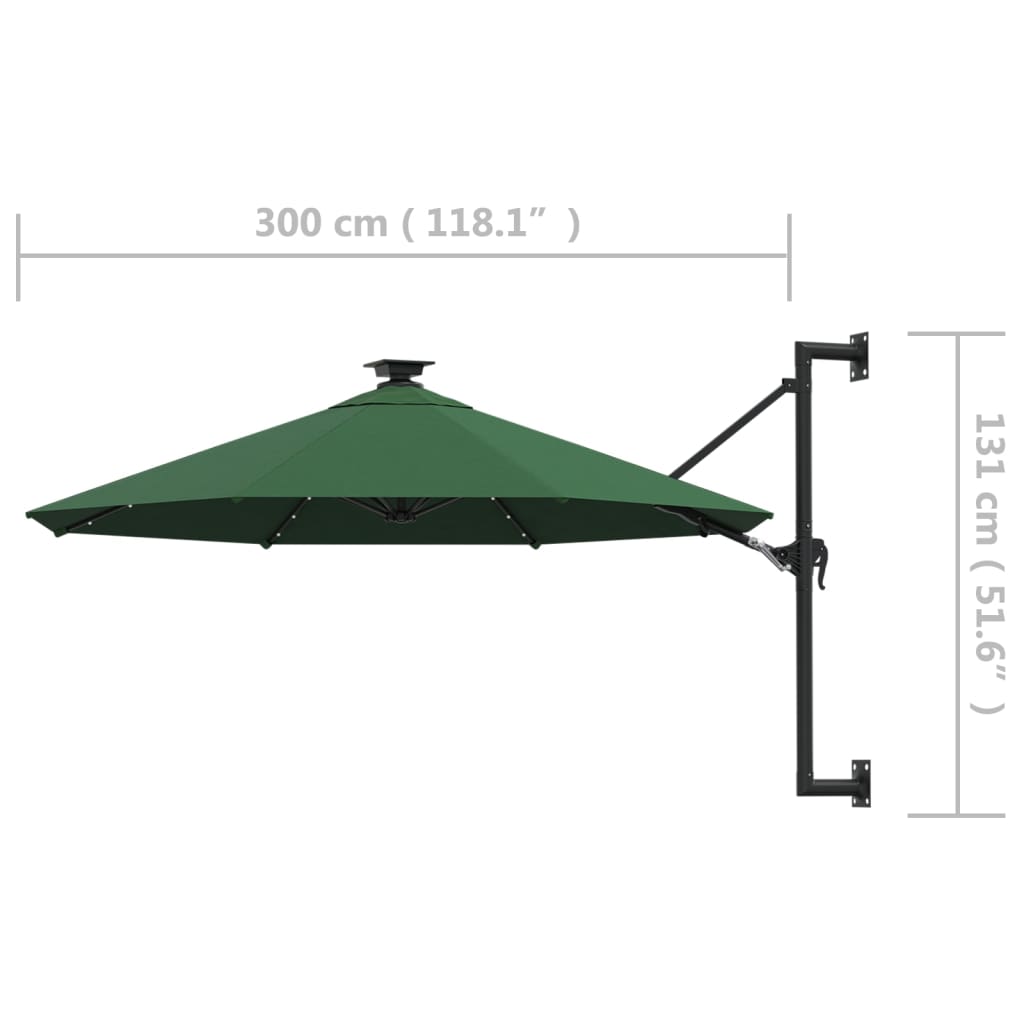 Wandparasol met LED's en metalen paal 300 cm groen