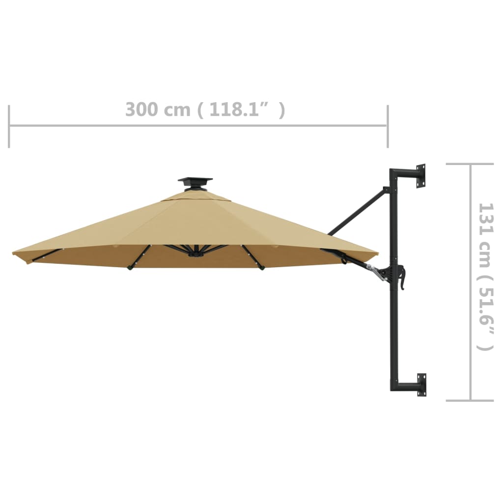 Wandparasol met LED's en metalen paal 300 cm taupe