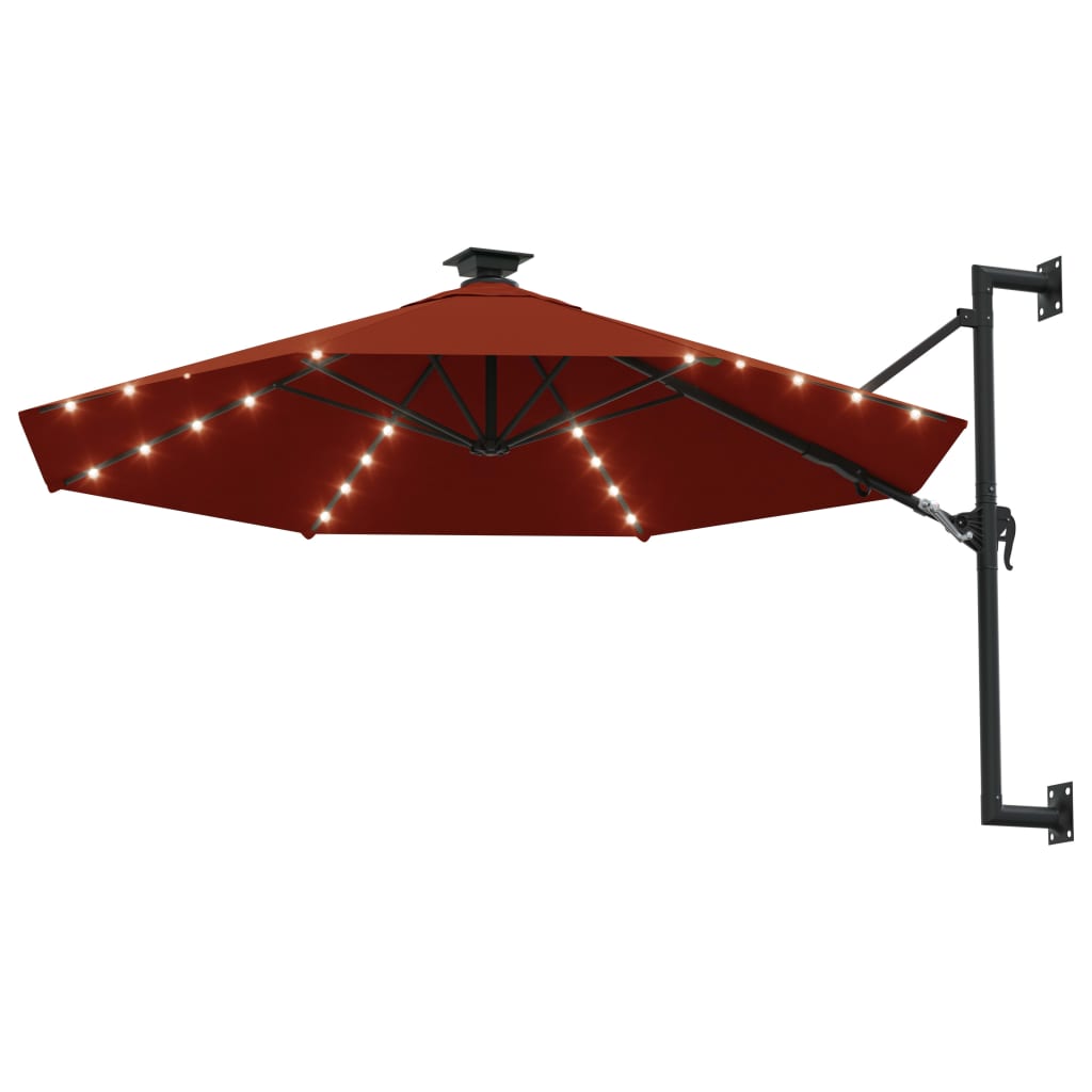 Wandparasol met LED's en metalen paal 300 cm terracottakleurig