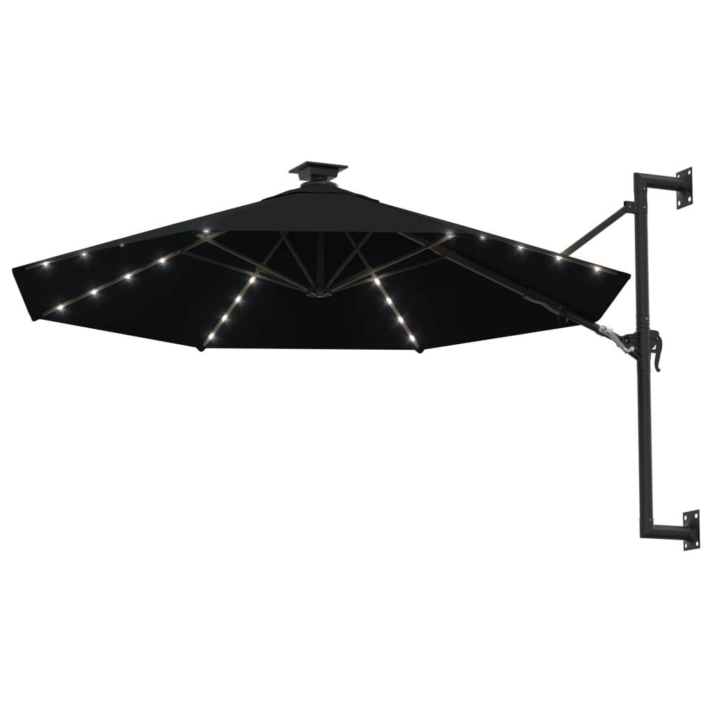 Wandparasol met LED's en metalen paal 300 cm zwart