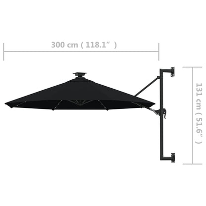 Wandparasol met LED's en metalen paal 300 cm zwart