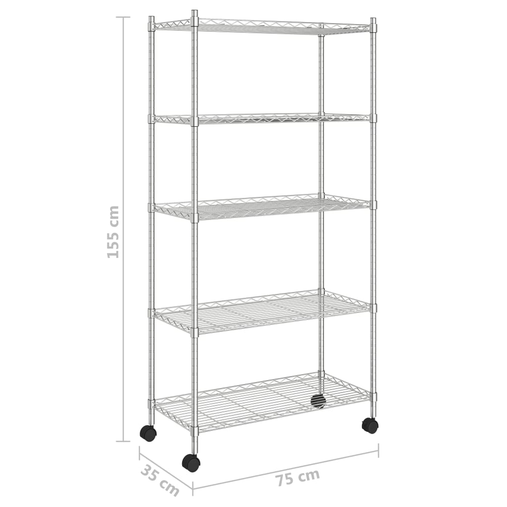 Opbergrek 5-laags met wielen 250 kg 75x35x155 cm chroomkleurig