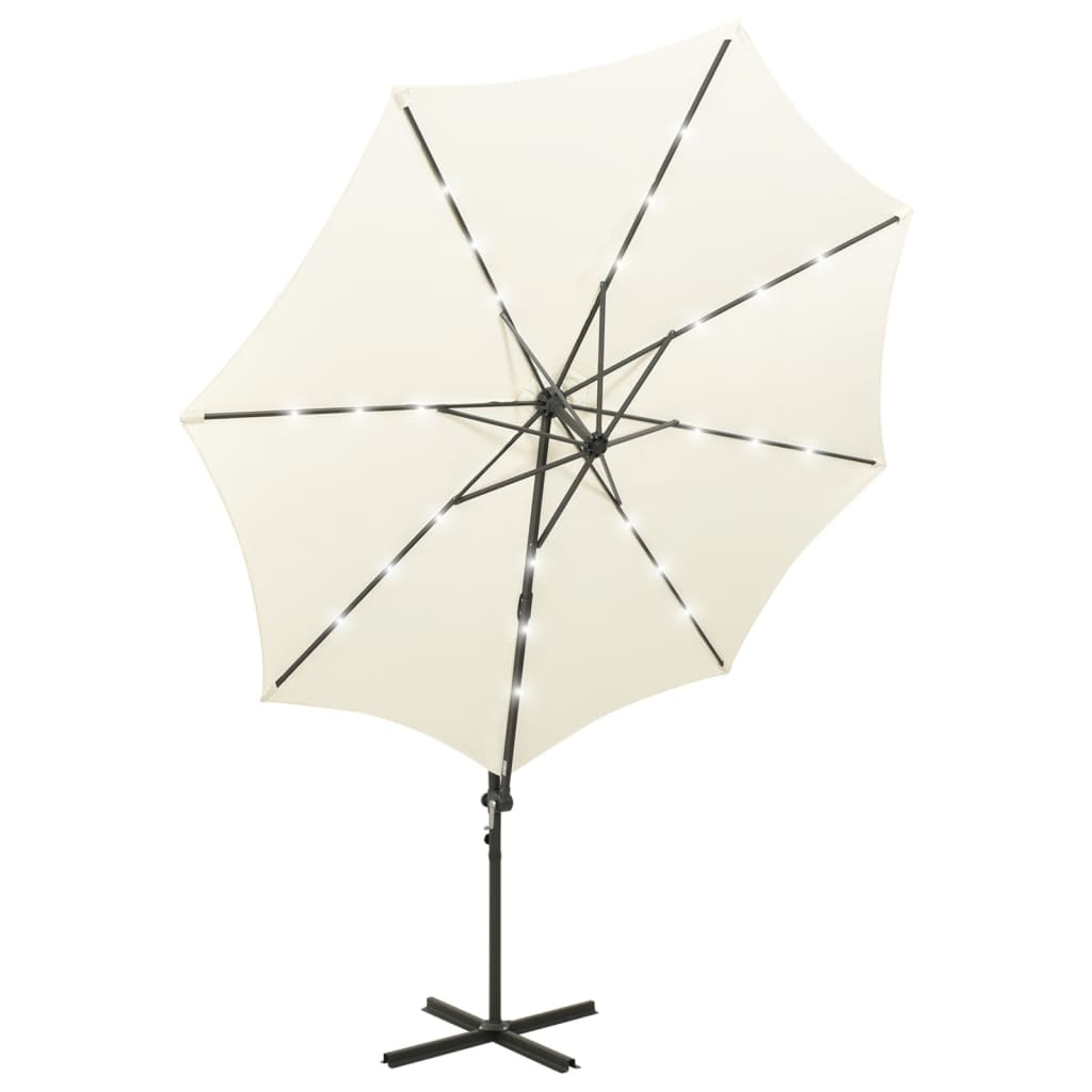 Zweefparasol met paal en LED-verlichting 300 cm zandkleurig