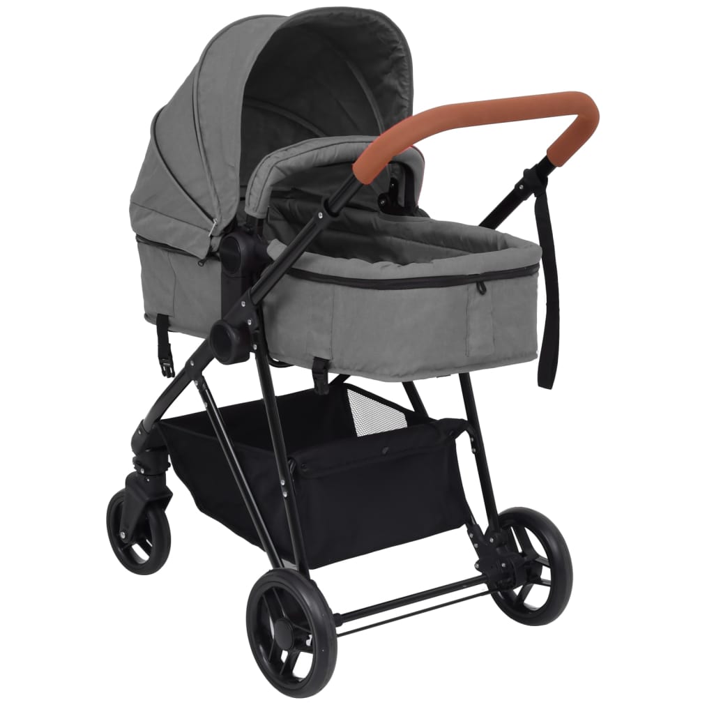 Kinderwagen 3-in-1 staal lichtgrijs en zwart