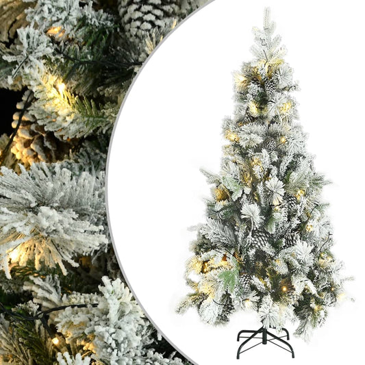 Kerstboom met LED en dennenappels en sneeuw 225 cm PVC en PE