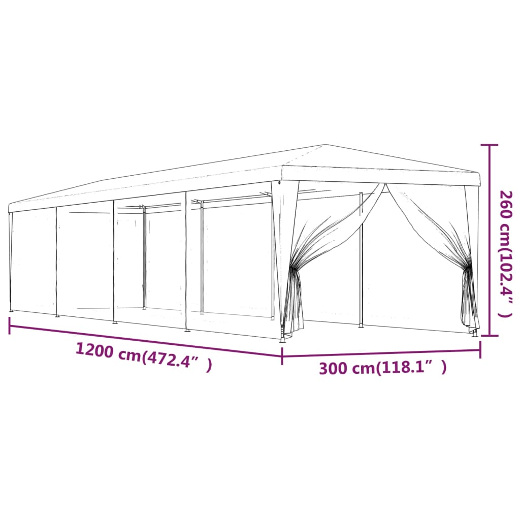 Partytent met 10 mesh zijwanden 3x12 m HDPE groen