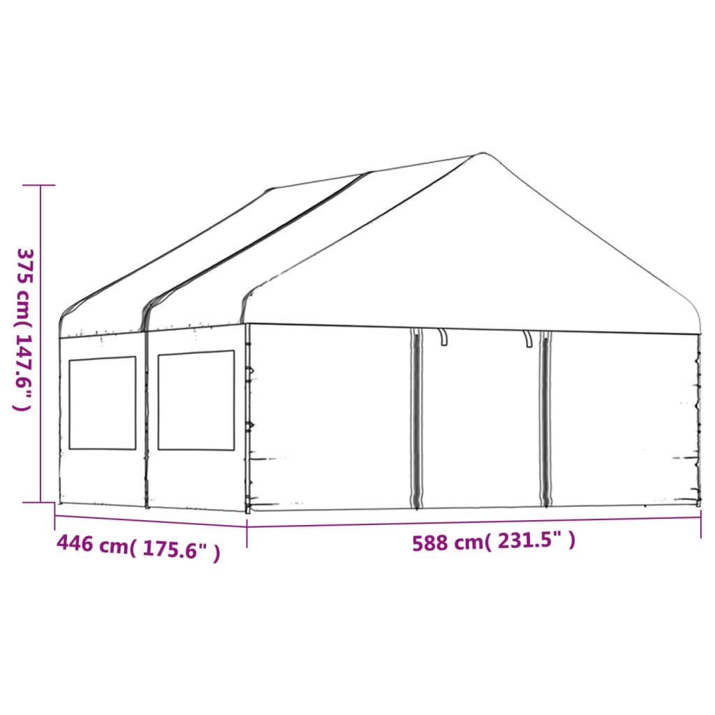 Prieel met dak 4,46x5,88x3,75 m polyetheen wit