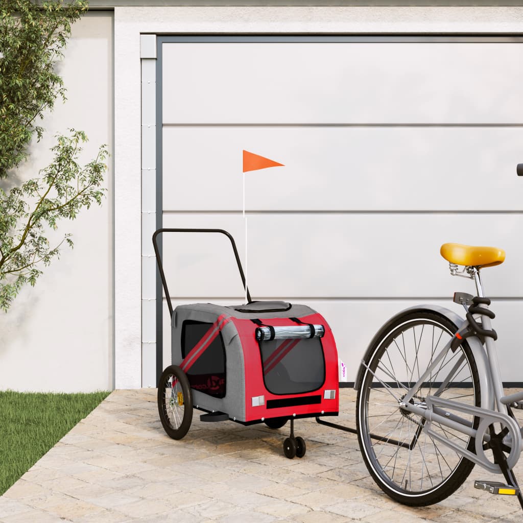 Hondenfietstrailer oxford stof en ijzer rood en grijs