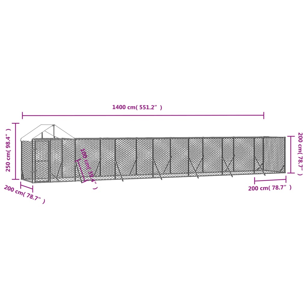 Hondenkennel met dak 14x2x2,5 m gegalvaniseerd staal zilver