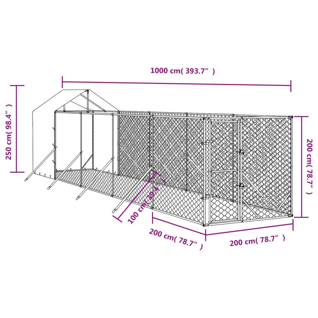 Hondenkennel met dak 2x10x2,5 m gegalvaniseerd staal zilver