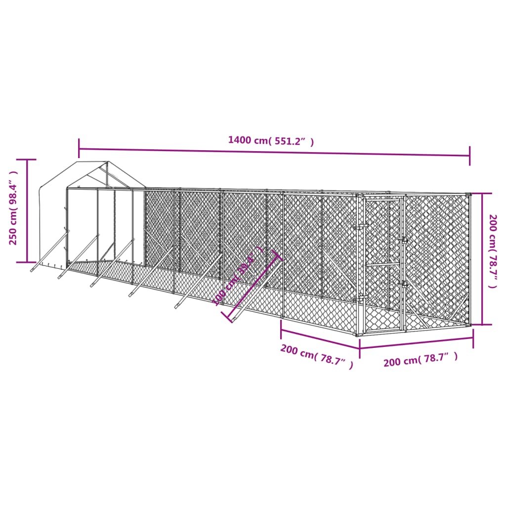 Hondenkennel met dak 2x14x2,5 m gegalvaniseerd staal zilver