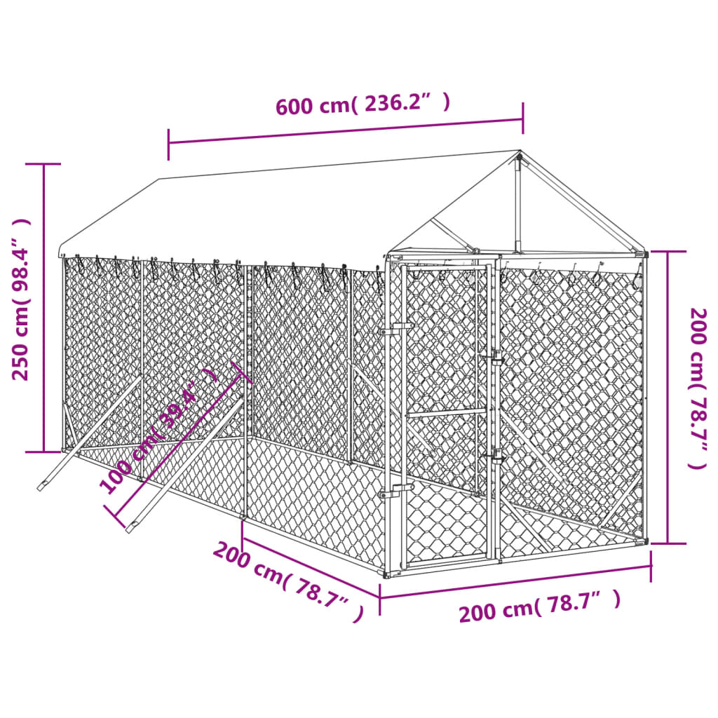 Hondenkennel met dak 2x6x2,5 m gegalvaniseerd staal zilver