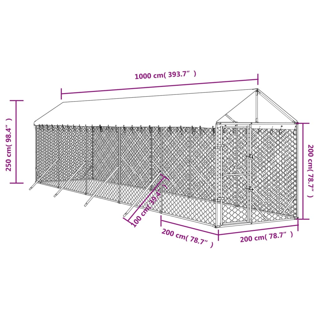 Hondenkennel met dak 2x10x2,5 m gegalvaniseerd staal zilver