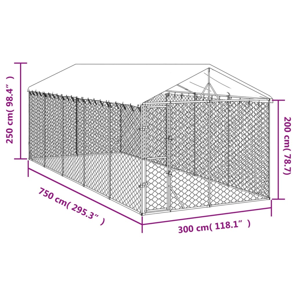 Hondenkennel met dak 3x7,5x2,5 m gegalvaniseerd staal zilver