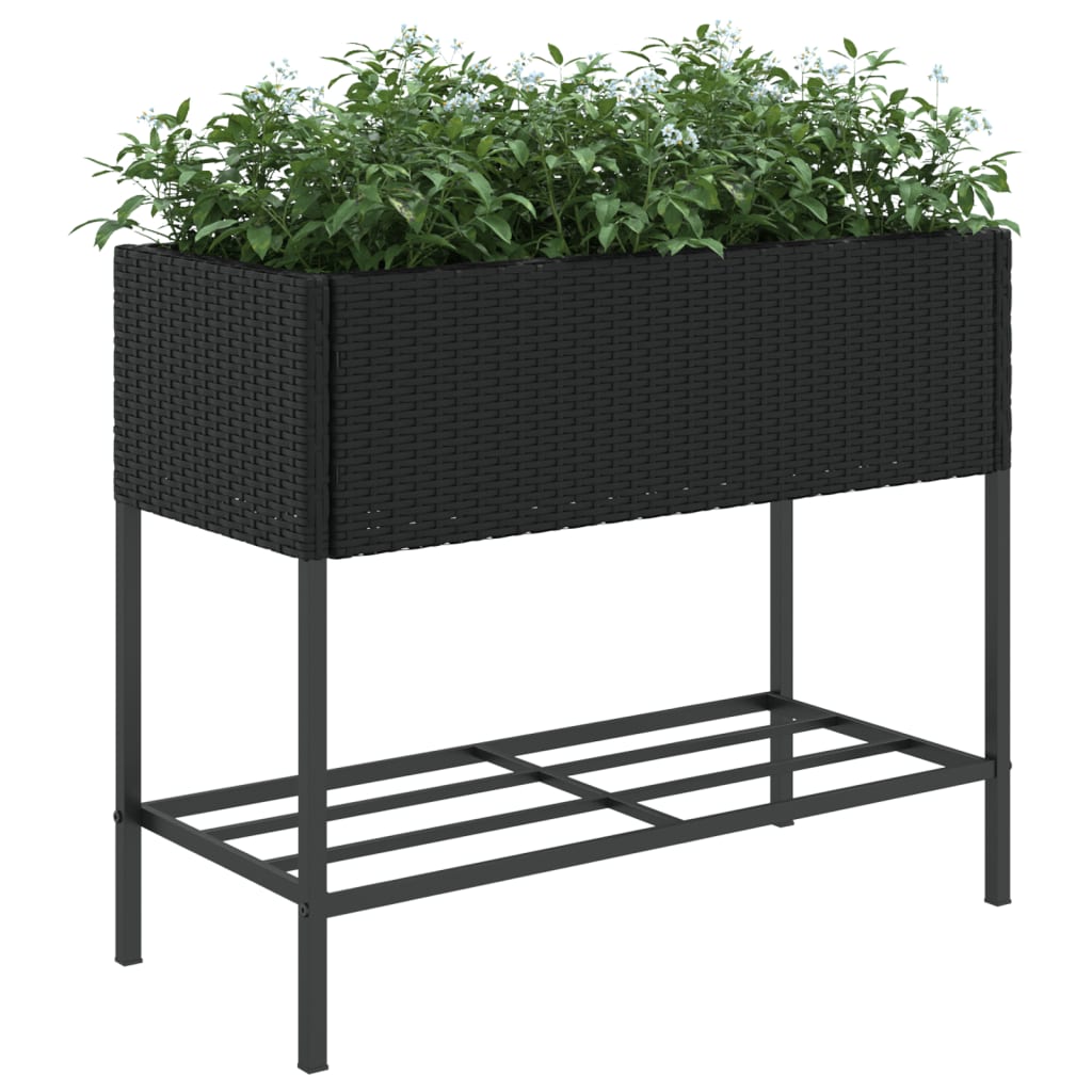 Plantenbak met schap poly rattan zwart