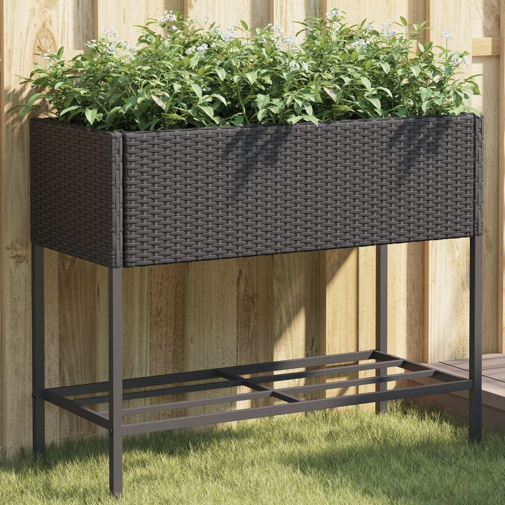 Plantenbak met schap poly rattan zwart