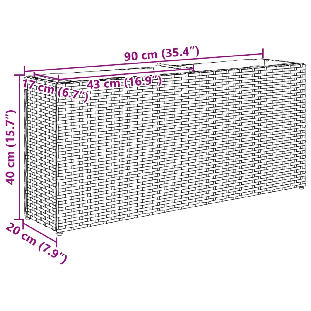 Plantenbak met 2 potten 90x20x40 cm poly rattan grijs