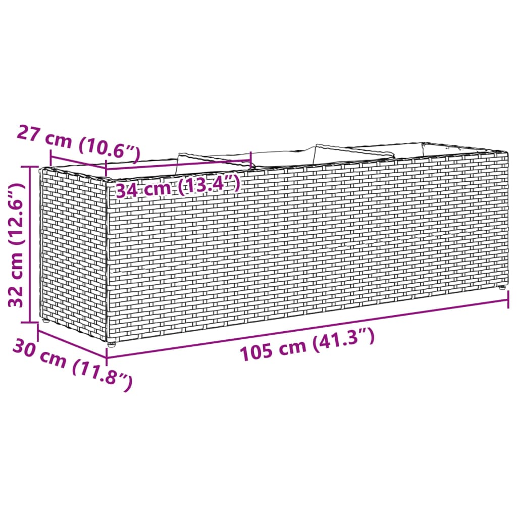 Plantenbak met 3 potten 105x30x32 cm poly rattan bruin