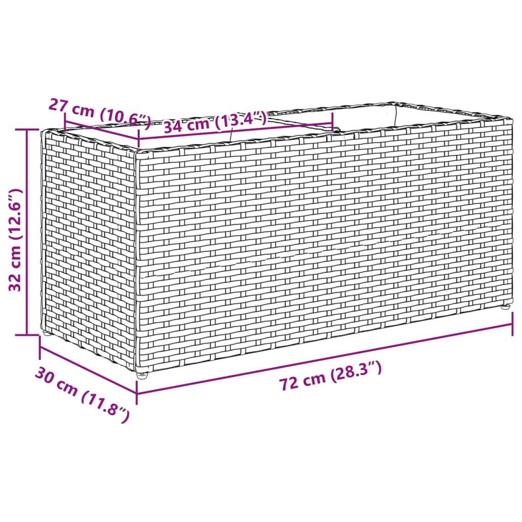 Plantenbak met 2 potten 72x30x32 cm poly rattan zwart