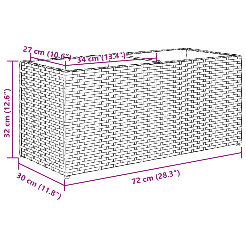 Plantenbak met 2 potten 72x30x32 cm poly rattan bruin