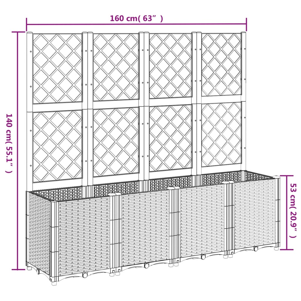 Plantenbak met latwerk 160x40x140 cm polypropeen grijs