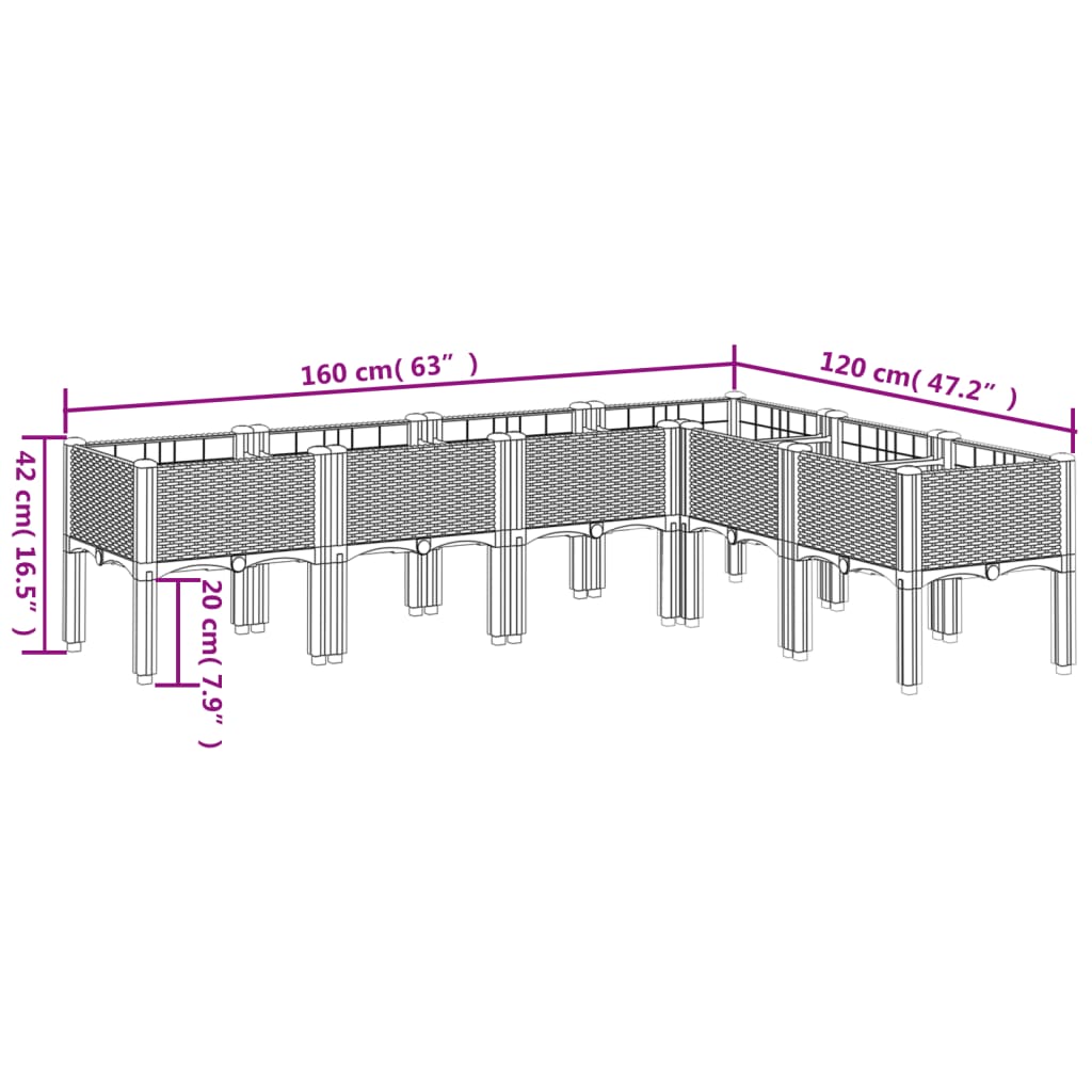 Plantenbak met poten 160x120x42 cm polypropeen lichtgrijs