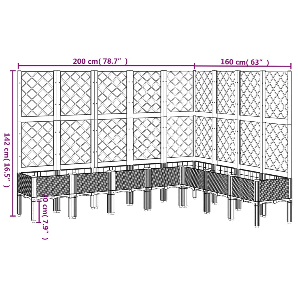 Plantenbak met latwerk 200x160x142 cm polypropeen lichtgrijs